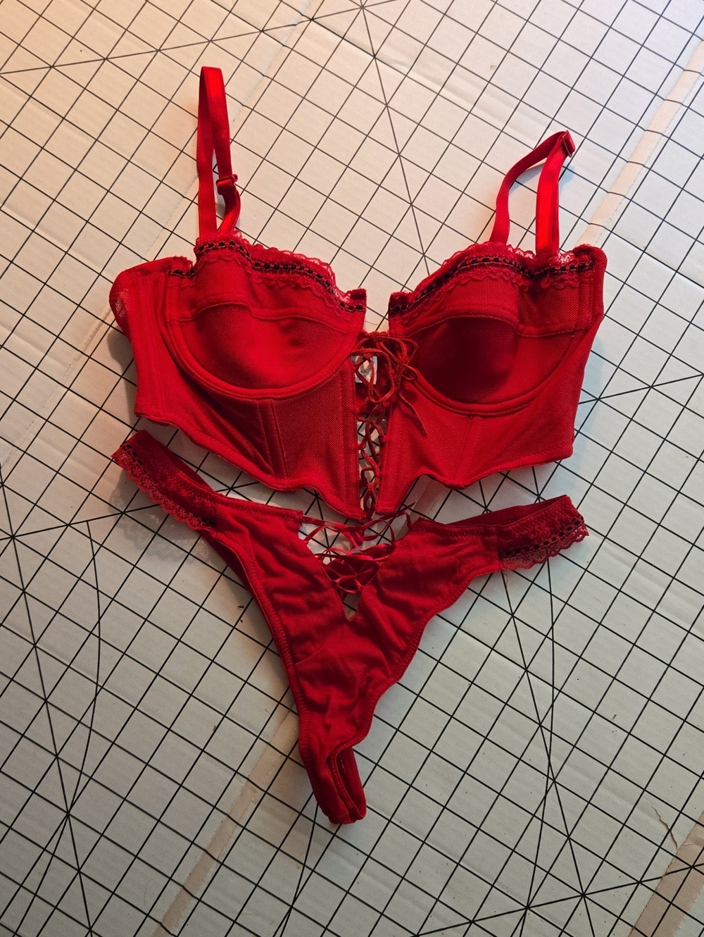Red Lace-Up Bustier and Thong Lingerie Set - Women Intimates: Z